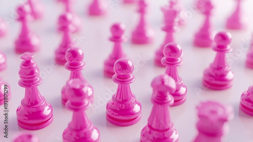 Group of bright pink chess pieces on a white surface