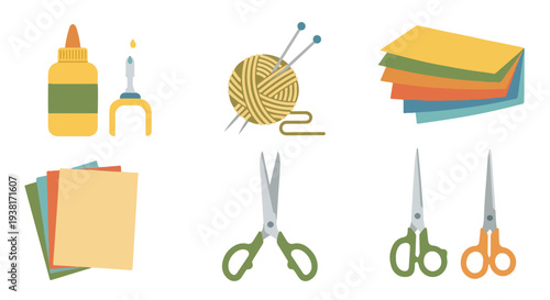 Colorful flat lay of various crafting supplies including glue, scissors, yarn, and paper on a clean white background.