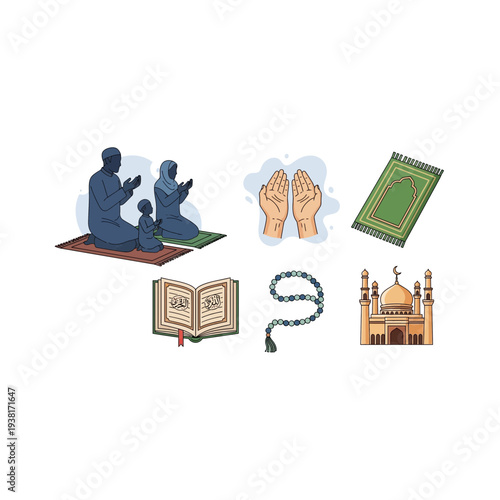 Muslim Prayer Icons: Family, Quran, Prayer Rug, Mosque, Hands