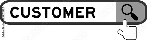 Search banner in word customer with hand over magnifier icon on white background