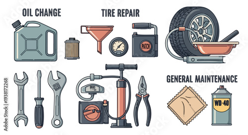 Flat lay illustration of car maintenance tools and equipment for oil change, tire repair, and general maintenance on a clean white background.