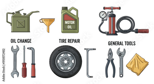 A collection of car maintenance tools and equipment for oil change, tire repair, and general use on a clean white background.