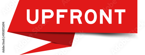 Foto Red color speech banner with word upfront  on white background