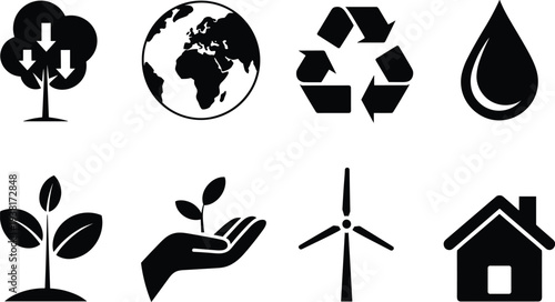 Eco-friendly icons set with tree, globe, recycling, water droplet, plant, hand care, wind turbine, sustainable house, environmental conservation design