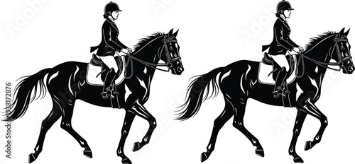 Equestrian sport vector illustration with mirrored horseback rider silhouettes, trotting horses, helmets, symmetrical design, horse riding artwork for competitive sports themes