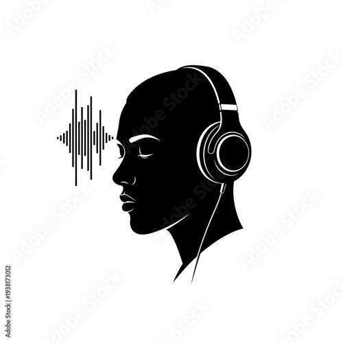 A woman wearing headphones and listening to music with a sound wave