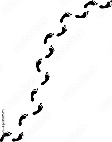 Human footprint trail, black silhouette bare foot track set isolated on white. Walking person steps, bare human footprint path, organic body part shape. Barefoot print collection