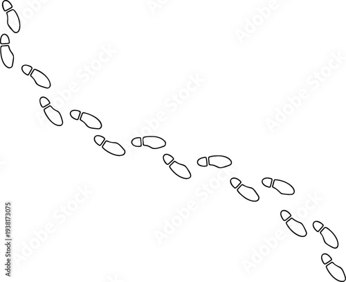Footprint outline wave, thin line human shoe print track curved path set on white. Minimalist walking person steps, footprint outline design, simple boot mark shape. Shoe print line art