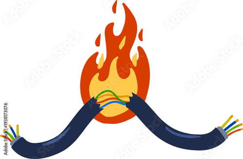 Broken wire fire, burning electric cable, short circuit damage hazard. Electrical cord flame danger, spark energy power accident. Broken wire fire industrial safety risk, ignite heat equipment.