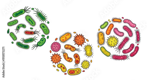 Illustration of various colorful bacteria and microorganisms on white background