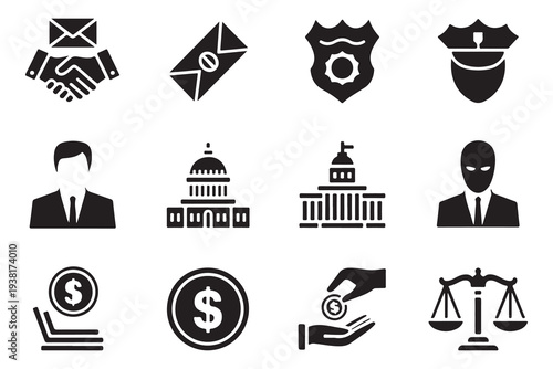 Corruption Bribery and Justice Icon Set for Political and Legal Concepts
