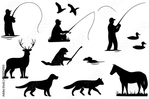 Silhouettes of People Fishing with Animals in Different Poses