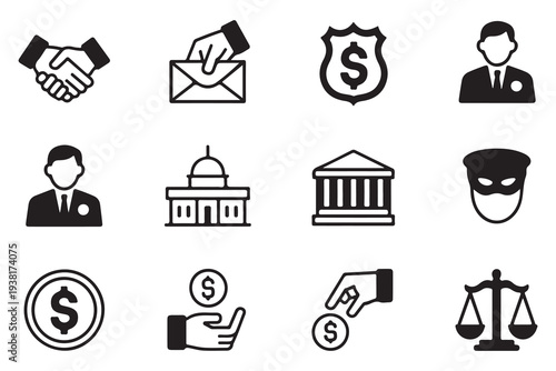 Political Corruption and Government Ethics Icon Set Featuring Bribery and Justice Symbols