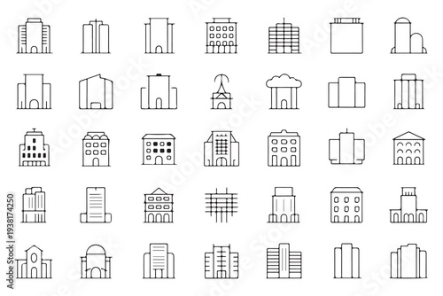 Collection of architectural building line icons featuring diverse city structures and residential housing designs