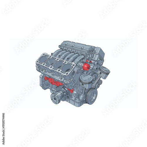 Isometric V8 Car Engine Block Illustration for Automotive Design
