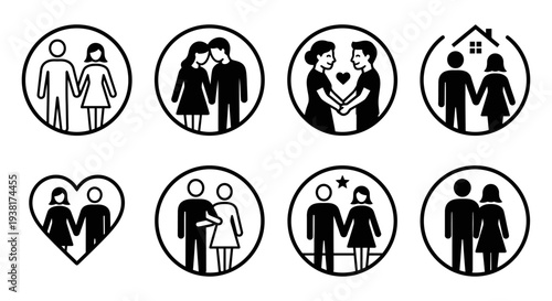 A set of black and white icons depicting various couples in love