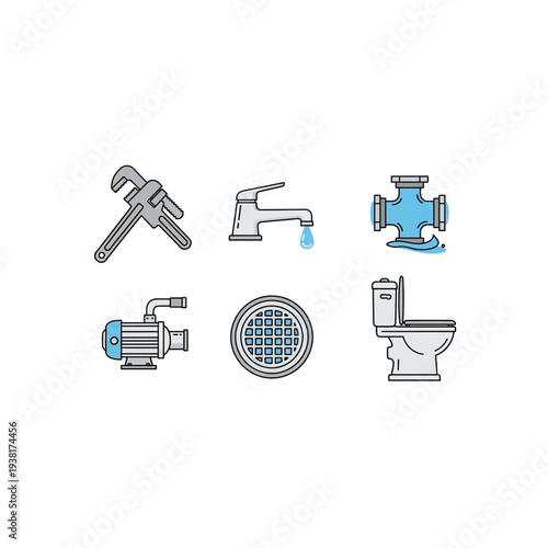 Plumbing and water system icons, faucet, toilet, pump and tools illustration