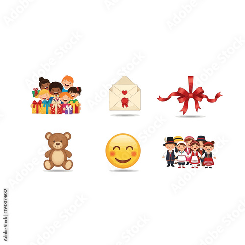 Diverse Children, Gifts, Teddy Bear, Emoji, and Formal Group Icons Set
