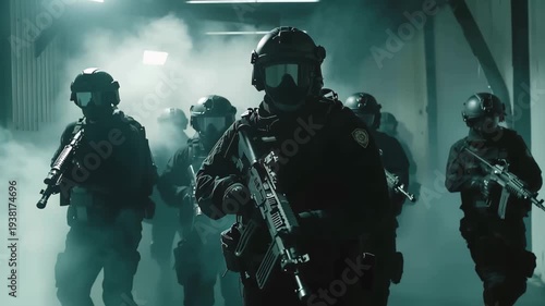 Special Forces in Tactical Operation: A group of resolute special forces operatives, equipped in tactical gear, advance confidently in a smoky indoor environment, ready for action.