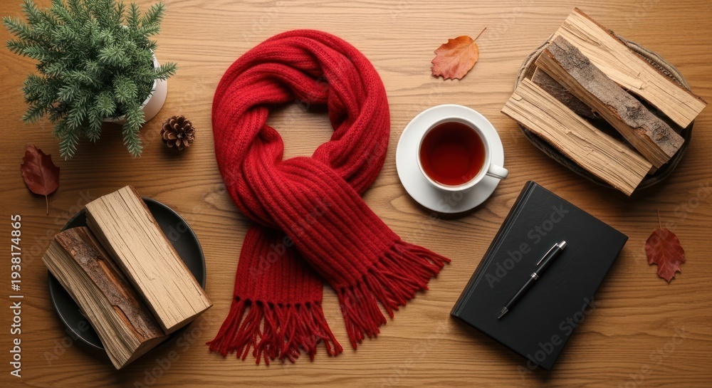 Fototapeta premium Cozy scene red scarf, tea, journal, firewood, & greenery on wood table