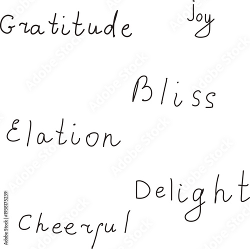 Different words on the topic of happiness. Lettering, handwriting and calligraphy
