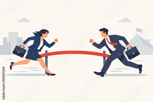 Business competition and rivalry concept with a businessman and businesswoman running towards a red finish line to achieve success, career goals, and professional motivation in a flat vector style.