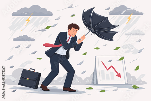 Businessman Struggling in a Storm with an Inside-Out Umbrella and a Downward Trend Chart, Symbolizing Economic Crisis, Financial Failure, Business Challenges, Risk Management, and Adversity.