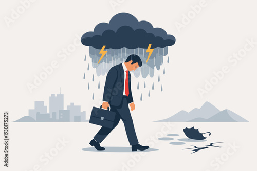Sad businessman in suit walking with briefcase under a personal dark storm cloud with rain and lightning, metaphor for depression, professional burnout, business failure, bad luck, and crisis.