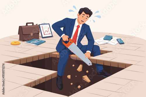 Businessman in suit sawing the floorboards he is sitting on, metaphor for self-sabotage, bad financial decisions, poor planning, stupidity, and making a difficult business situation much worse.