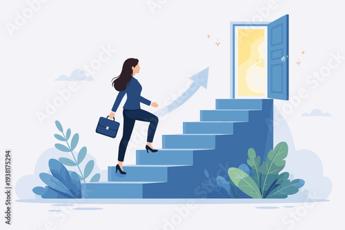 Businesswoman climbing stairs toward an open door with bright light, representing career growth, success, and professional development. Concept of ambition, achievement, and new opportunities.