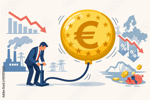 Inflation in Europe caused by energy shortage and interest rate policy to reduce inflation. Euro zone economic recession concept with businessman pumping Euro coin balloon and falling charts.