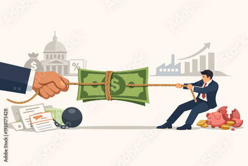 Tug of War Between Businessman and Government Hand Over Dollar Bills, Concept of High Taxes, Financial Crisis, Debt Burden, Corporate Revenue, Economic Pressure and Fiscal Policy Illustration
