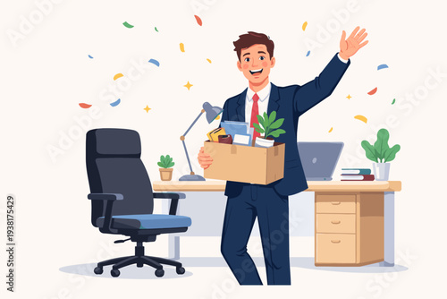 Happy Businessman Holding Cardboard Box with Office Supplies and Waving in Celebration with Confetti; Concept for New Job Offer, Career Opportunity, Promotion, Resignation, or Hiring.