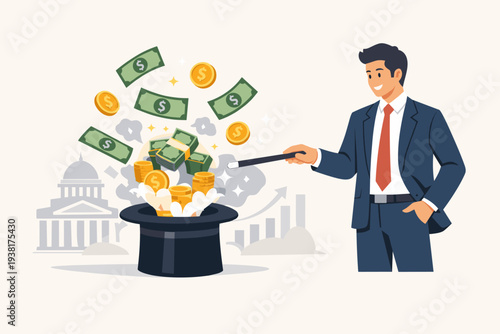 Businessman Magician Pulling Cash and Gold Coins Out of a Magic Hat Representing Central Bank Monetary Stimulus, Financial Growth, Investment Profit, Wealth Creation and Economic Success Vector.