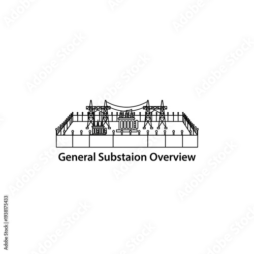 Electrical Substation Overview Line Art Illustration for Power Grid Concepts