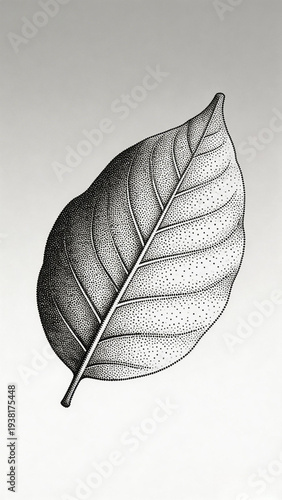 Monochrome Leaf Illustration: Detailed Shaded Botanical Sketch on Gradient Gray Background