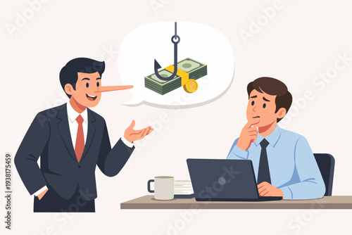 Dishonest Businessman with Long Nose Lying to Colleague about Money Bait; Concept of Fraud, Corruption, and Deception in Office; Vector Illustration of a Scammer Cheating Worker with Fake Promises.