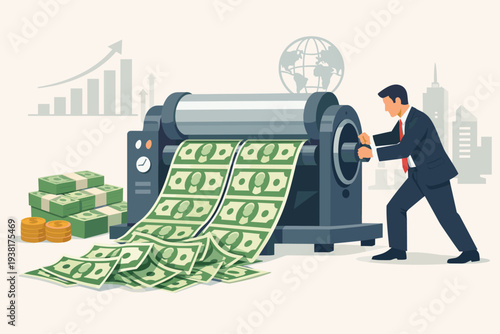 Businessman operating a large printing press machine churning out green dollar banknotes, representing quantitative easing, central bank monetary policy, inflation, and global economic stimulus.