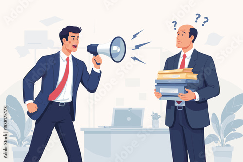 Angry Boss Shouting through Megaphone at Confused Employee Holding Heavy Stack of Books, Concept of Workplace Stress, Toxic Leadership, Communication Issues, and Learning to Say No at Work