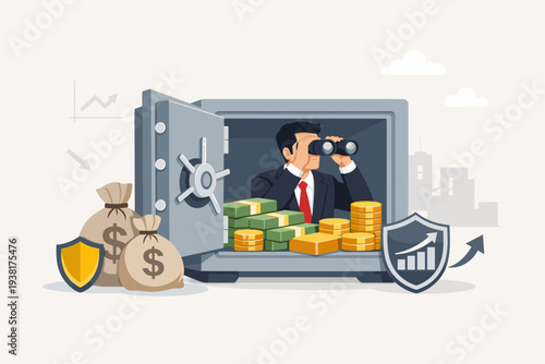 Businessman in a Bank Safe with Binoculars Monitoring Market Trends to Protect Wealth and Assets, Concept of Financial Security, Safe Haven Investment, Economic Stability, and Risk Management.