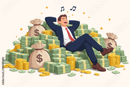 Happy Successful Businessman in a Suit Relaxing on a Massive Pile of Cash Money Stacks Gold Coins and Bags Celebrating Financial Freedom Wealth Investment Profit and Early Retirement Concept