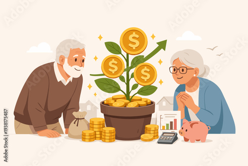 Elderly couple smiling at a growing money tree for retirement savings and pension fund investment. Financial planning for seniors with coins, piggy bank, and profit growth vector illustration.