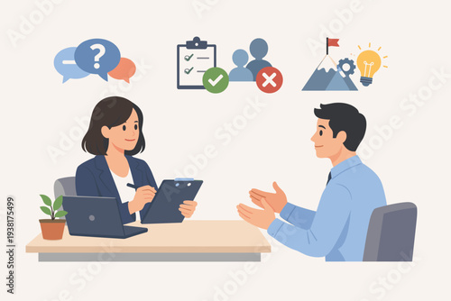 Professional job interview and recruitment process illustration with HR manager evaluating candidate. Business communication, career goals, hiring decision, and employment challenge concept.