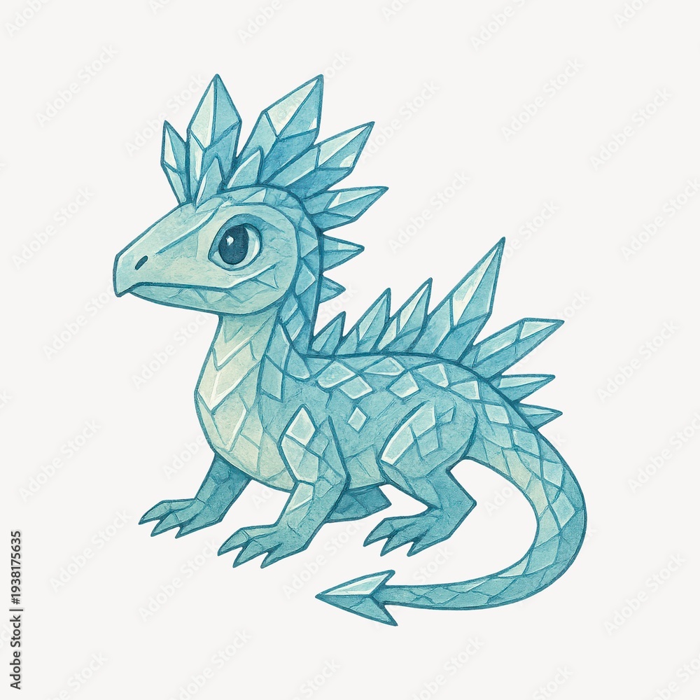 Fototapeta premium Cute blue crystal dragon illustration.