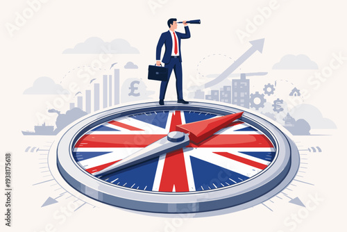 Businessman Standing on a Large Compass with the United Kingdom Flag Looking Through a Telescope for Future Economic Opportunities and Business Direction After Brexit Policy and Trade Deals.