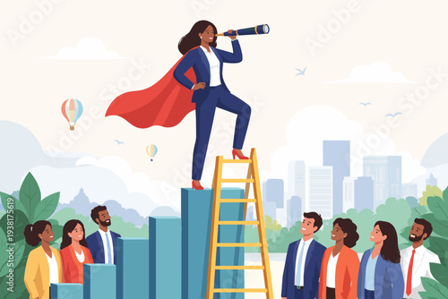 Empowered Black female leader in a superhero cape standing on a growth chart and ladder, using a telescope to guide her diverse professional team toward future business success and vision.