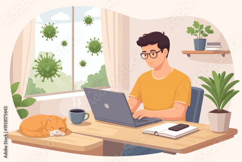 Young Man Working from Home on Laptop During Coronavirus Pandemic, Social Distancing Concept with Virus Particles Outside the Window, Cozy Remote Office Setting with Sleeping Cat and Coffee