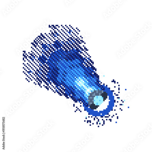 Bright burning comet flying through deep space with a glowing trail, detailed pixel art vector asteroid for cosmic backgrounds and astronomical science fiction game illustrations.