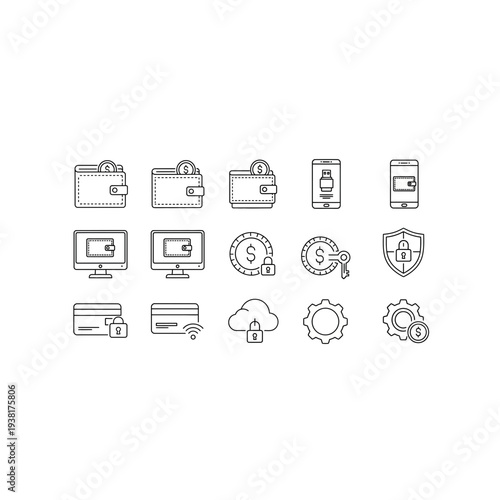 Digital Finance, Wallet and Cloud Security Outline Icons Set