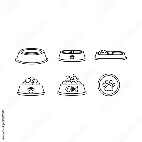 Pet Food Bowls and Paw Print Outline Icons Set